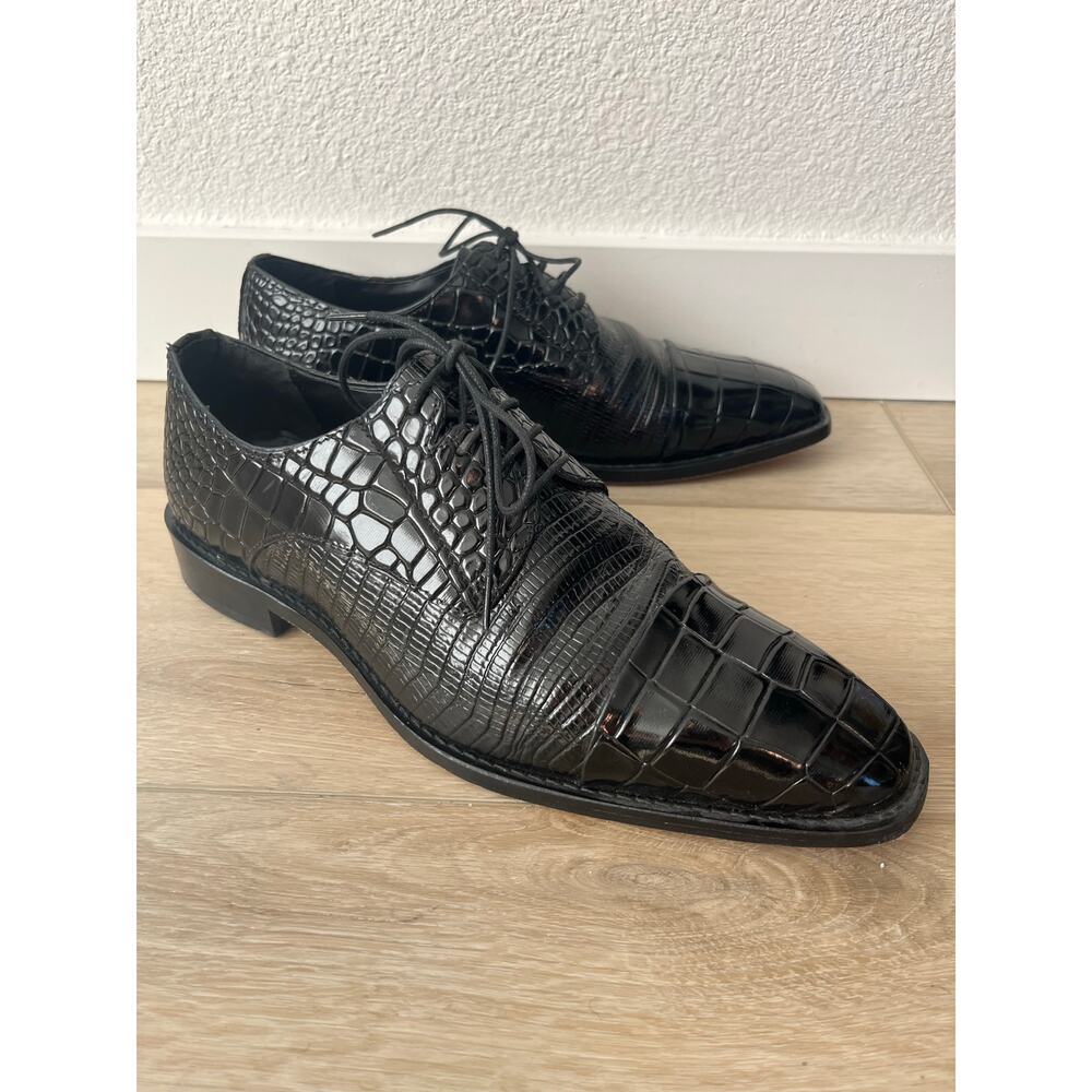 Stacy Adams Black Leather Oxford Dress Shoes Printed Croc/Lizard‎ Size 9W